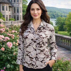 Chico’s Brown & White Floral Linen Blend Jacket Shirt Size 0 | Long Sleeve ~18”